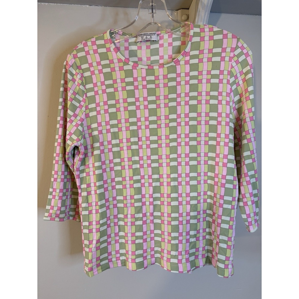 VTG AVERARDO BESSI Pink & Green Geometric Viscose Top 14 L Y2K Italy